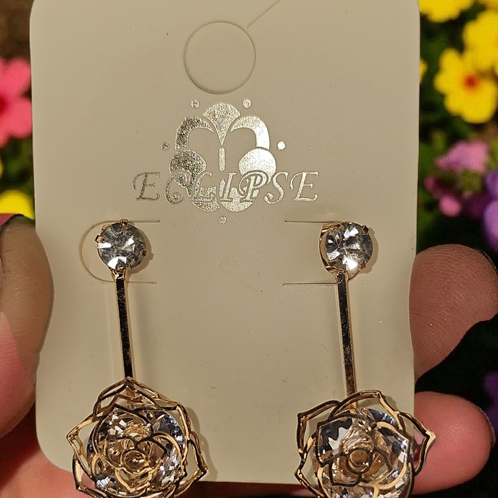 Eclipse Gold and Silver Floral Earrings With Crystals Inside